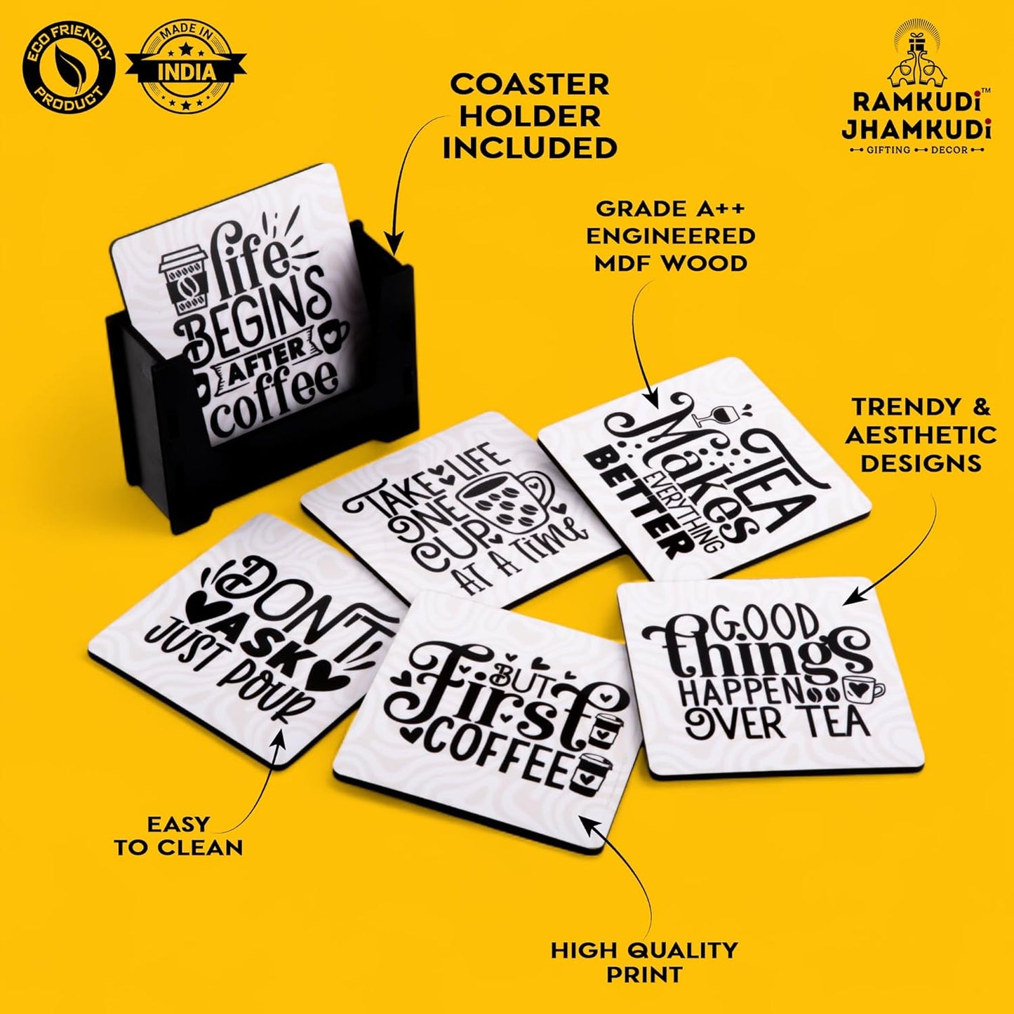 Ramkudi Jhamkudi Wooden Coasters Set of 6 with Coffee & Tea Quotes – Printed Coaster Set with Holder – Cozy Decor, Eco-Friendly, Made in India – Great for Gifting