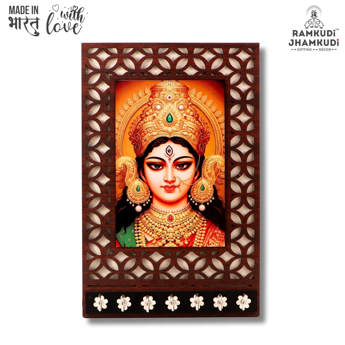 Ramkudi Jhamkudi™ Premium Wooden Maa Durga Face Key Holder for Wall – 2 Layer MDF, 7 Stainless Steel Hooks, Unique Indian Design, Home Decor & Gifting – Made in India