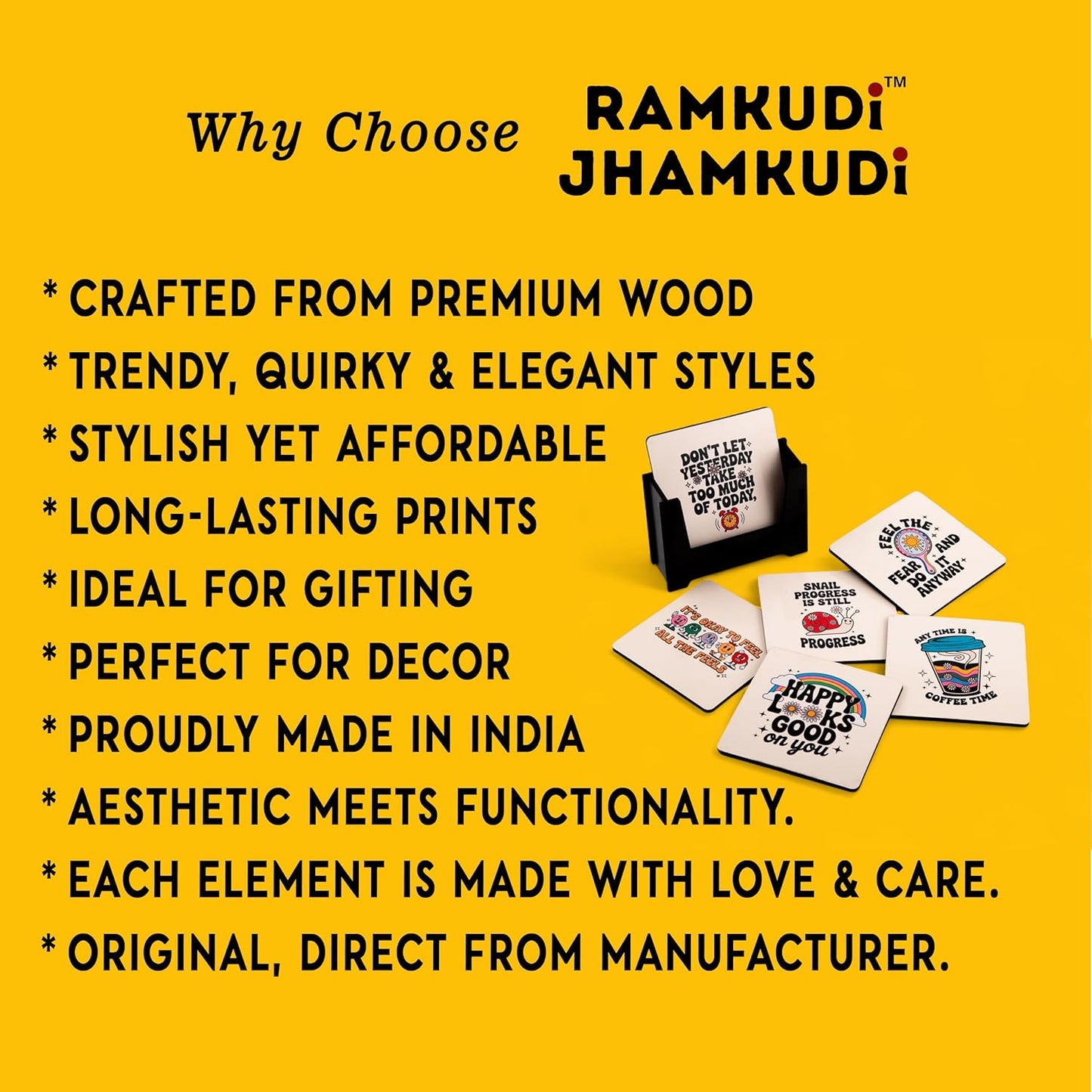 Ramkudi Jhamkudi Wooden Coasters Set of 6 with Holder – Printed Aesthetic Designs, Eco-Friendly, Stylish Home Decor – Made in India – Ideal for Gifting & Table Protection
