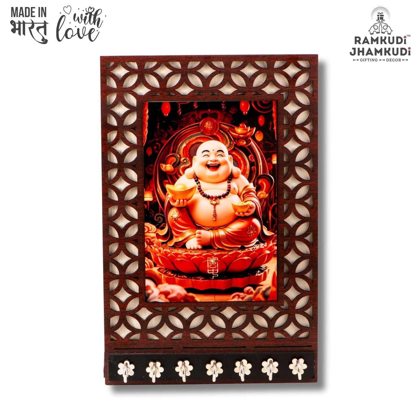 Ramkudi Jhamkudi™ Laughing Buddha Wooden Key Holder – Premium 2 Layer MDF, 7 SS Hooks – Positive Energy Wall Décor & Gifting – Made in India