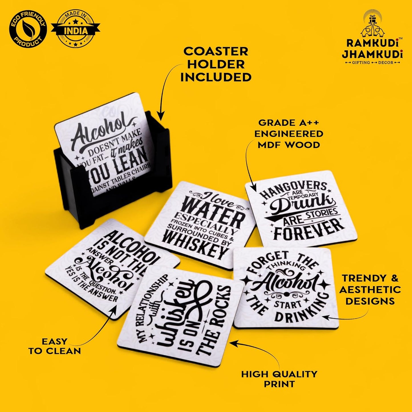 Ramkudi Jhamkudi Wooden Coasters Set of 6 with Classy Drinking Quotes – Printed Bar Coaster Set with Holder – Cocktail & Wine Lovers Gift, Eco-Friendly, Made in India