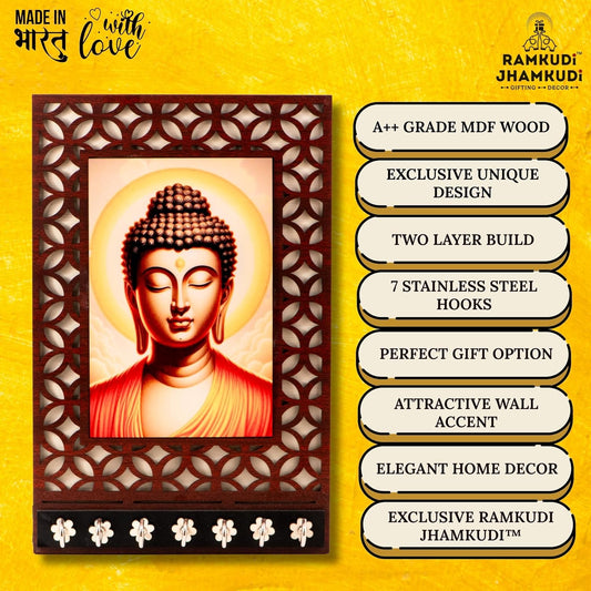 Ramkudi Jhamkudi™ Premium Wooden Buddha Key Holder for Wall – 2 Layer MDF, 7 Stainless Steel Hooks, Unique Spiritual Design, Home Decor & Gifting – Made in India