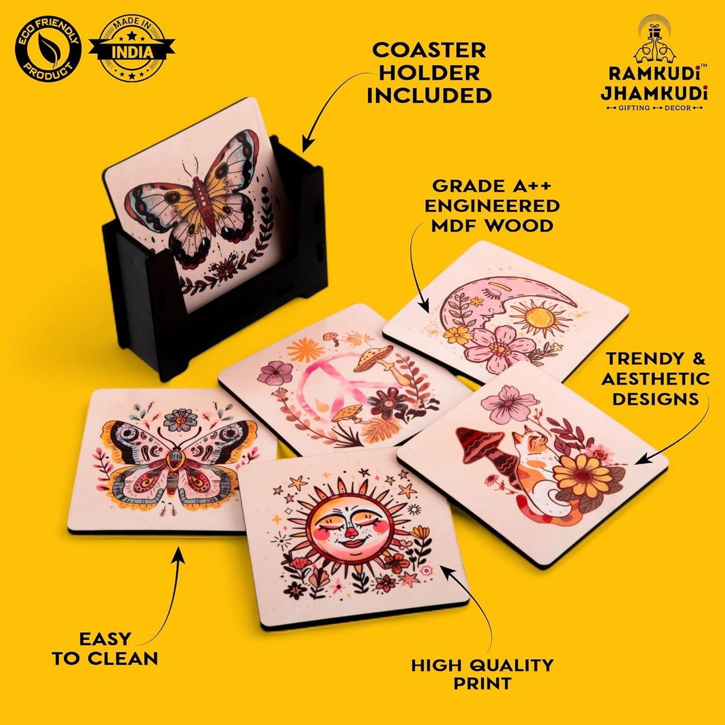 Wooden Coasters Set of 6 with Holder | Boho Style Positive Quote Coasters for Tea Coffee | Aesthetic Table Mats for Home & Office | Eco-Friendly | Made in India | Calm & Cheerful Gift Idea