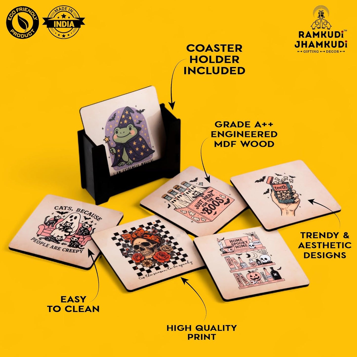 Wooden Coasters Set of 6 with Holder | Spooky Gothic Coasters for Tea Coffee | Dark Aesthetic Drink Mats for Desk, Bar & Home Decor | Eco-Friendly | Made in India | Horror Gift Idea