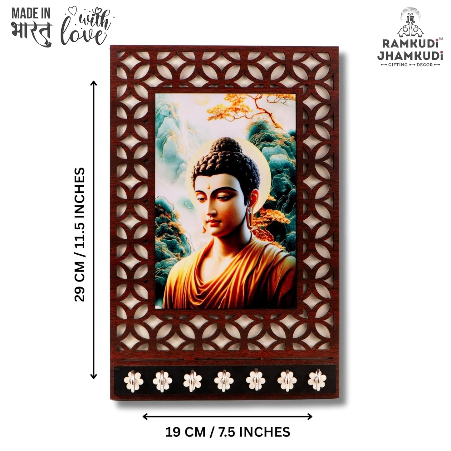 Ramkudi Jhamkudi™ Buddha Wooden Key Holder – Calm Meets Class – 2 Layer Premium MDF, 7 SS Hooks – Zen & Stylish Wall Décor – Made in India