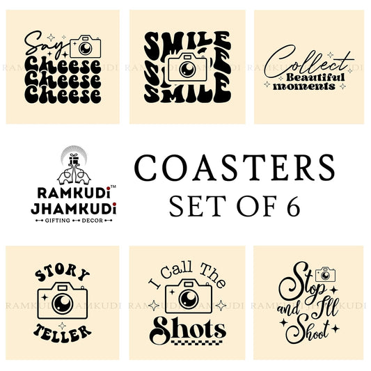 Wooden Coasters Set of 6 with Holder | Photography Quote Coasters for Tea Coffee | Camera-Themed Table Mats for Home, Office & Studio | Eco-Friendly | Made in India | Gift for Photographers & Creators