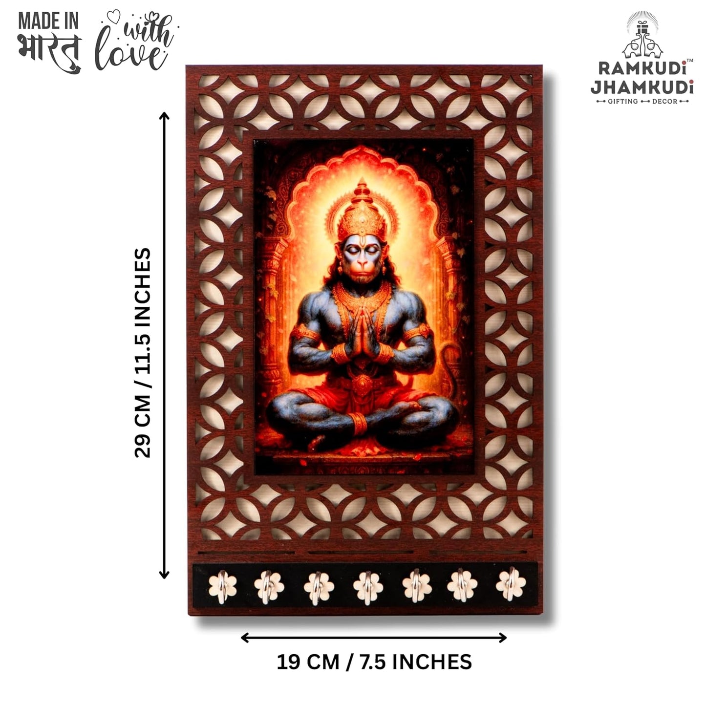 Ramkudi Jhamkudi™ Premium Wooden Lord Hanuman Key Holder for Wall – 2 Layer MDF, 7 Stainless Steel Hooks, Unique Devotional Design, Home Decor & Gifting – Made in India