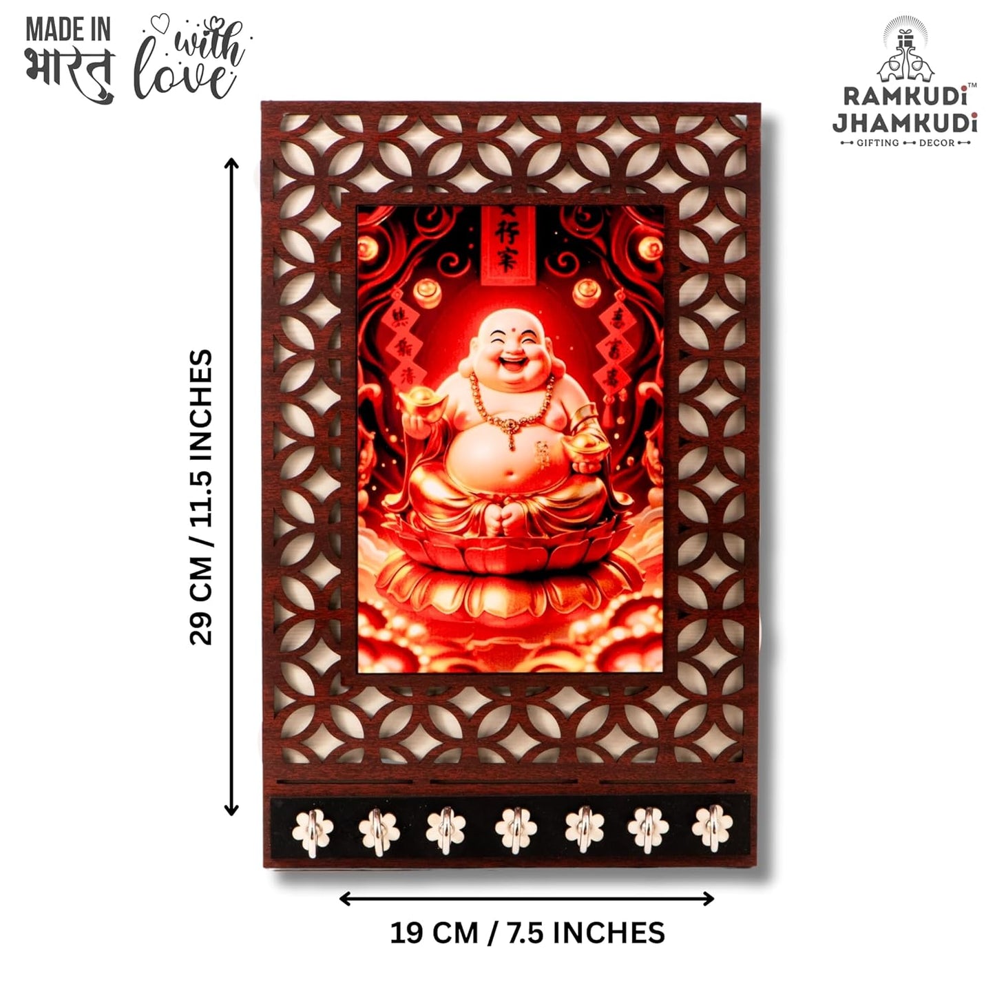 Ramkudi Jhamkudi™ Premium Wooden Laughing Buddha Key Holder for Wall – 2 Layer MDF, 7 Stainless Steel Hooks, Unique Spiritual Design, Home Decor & Gifting – Made in India