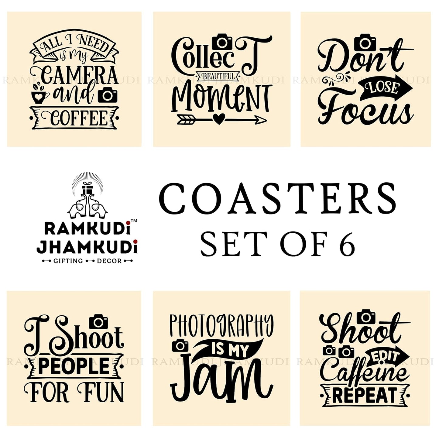 Ramkudi Jhamkudi Wooden Coasters Set of 6 with Holder | Photography Quote Coasters for Tea Coffee | Gift for Photographers & Creators | Desk & Table Décor | Made in India Drink Mats