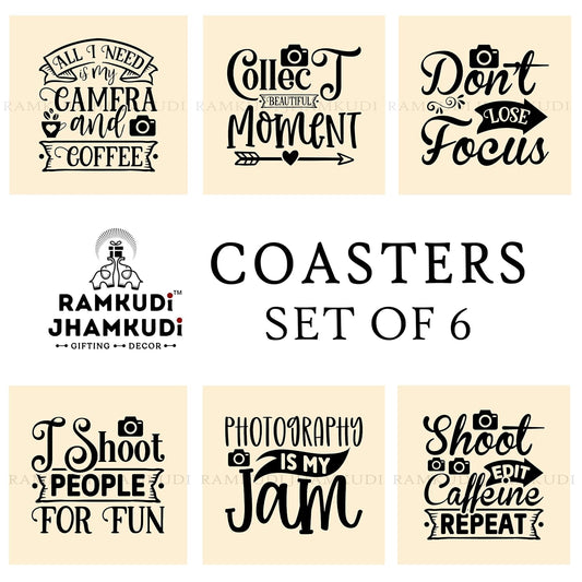 Ramkudi Jhamkudi Wooden Coasters Set of 6 with Holder | Photography Quote Coasters for Tea Coffee | Gift for Photographers & Creators | Desk & Table Décor | Made in India Drink Mats