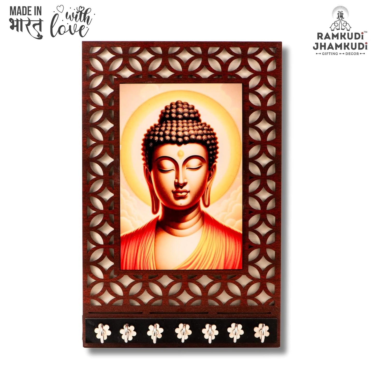 Ramkudi Jhamkudi™ Premium Wooden Buddha Key Holder for Wall – 2 Layer MDF, 7 Stainless Steel Hooks, Unique Spiritual Design, Home Decor & Gifting – Made in India