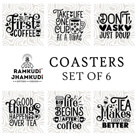 Ramkudi Jhamkudi Wooden Coasters Set of 6 with Coffee & Tea Quotes – Printed Coaster Set with Holder – Cozy Decor, Eco-Friendly, Made in India – Great for Gifting