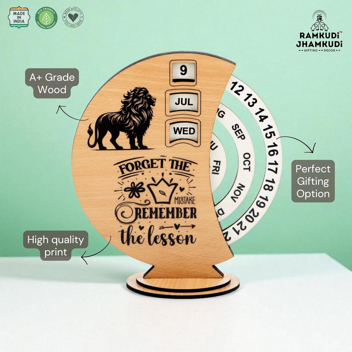 Ramkudi Jhamkudi Wooden Perpetual Calendar for Desk | Motivational Quote Prints | Made in India | Reusable Lifetime Table Calendar for Office, Study, Gifting | Minimal Aesthetic Decor Piece (DESIGN A)