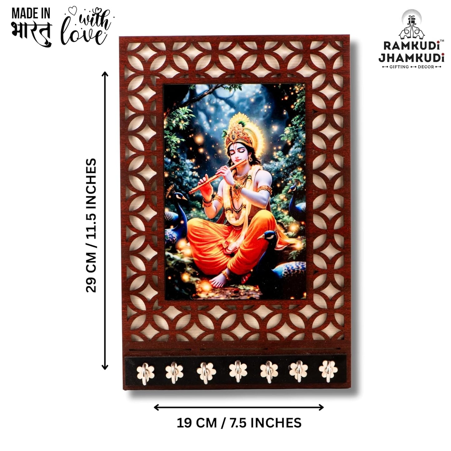 Ramkudi Jhamkudi™ Premium Wooden Krishna Playing Flute with Peacock Key Holder for Wall – 2 Layer MDF, 7 Stainless Steel Hooks, Peaceful Indian Design, Home Decor & Gifting – Made in India