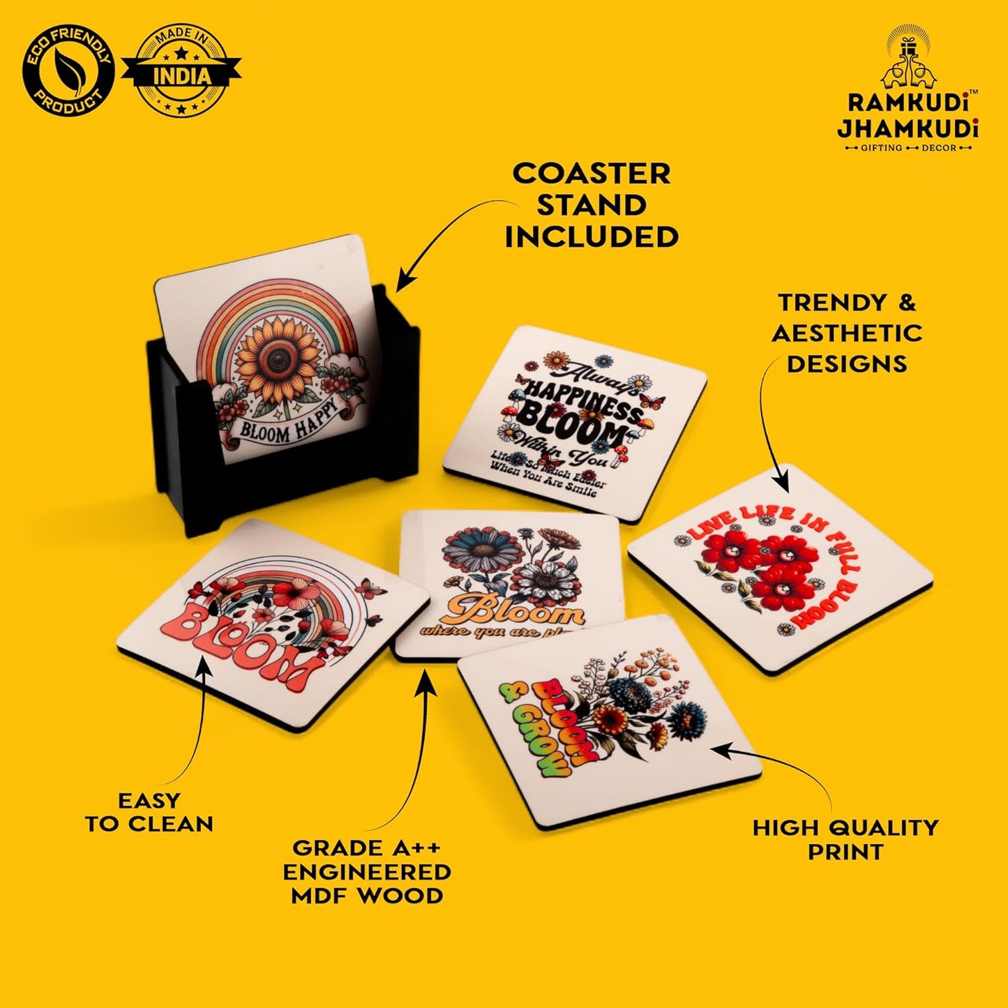 Ramkudi Jhamkudi Wooden Coaster Set – Bloom Happy Quotes Design | Positive, Stylish & Aesthetic Table Decor | Great Gift for Home, Office, Coffee Table | Made in India