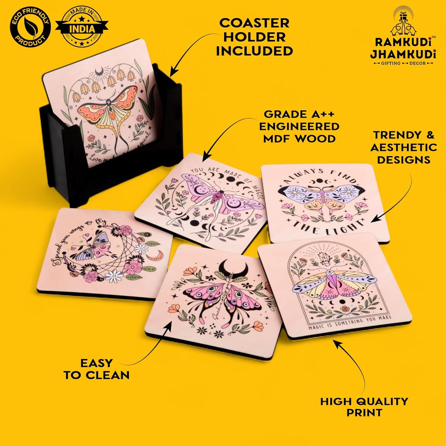 Wooden Coasters Set of 6 with Holder | Boho Style Table Coasters for Tea Coffee | Aesthetic Home Décor Drink Mats | Eco-Friendly & Reusable | Made in India for All Occasions