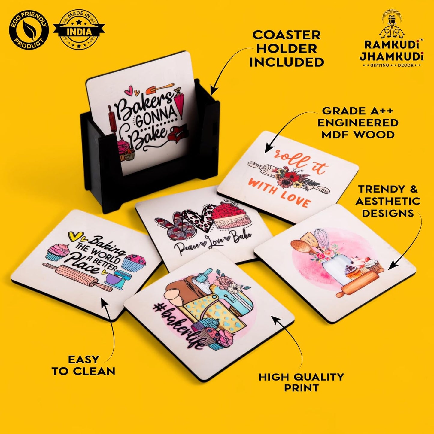Wooden Coasters Set of 6 with Holder | Baking Quote Coasters for Tea Coffee | Fun Kitchen-Themed Table Mats for Home & Bake Lovers | Eco-Friendly | Made in India | Gift for Bakers & Foodies