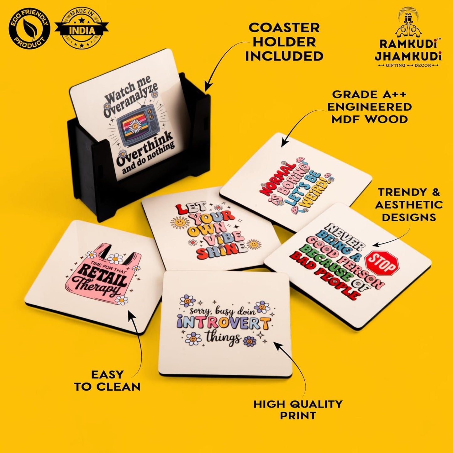 Motivational Wooden Coasters Set of 6 with Holder | Inspirational Quote Coasters for Tea Coffee | Uplifting Table Decor for Office & Home | Eco-Friendly | Made in India | Gift for Positivity Lovers