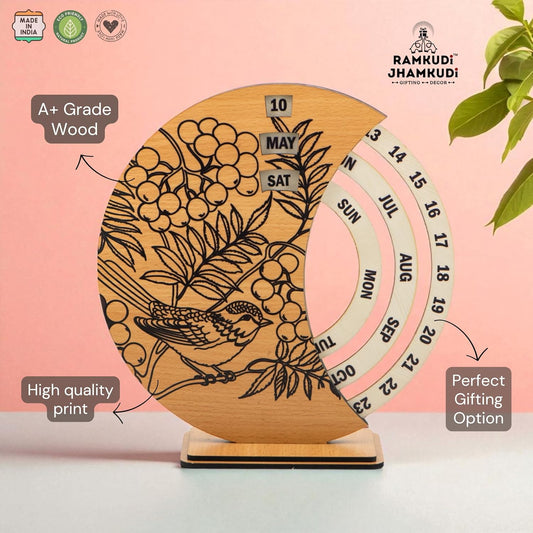 Ramkudi Jhamkudi Wooden Perpetual Calendar for Desk | Floral Print Design | Made in India | Reusable Lifetime Table Calendar for Office, Home, Study, Gifting | Minimal Aesthetic Decor Piece (STYLE B)