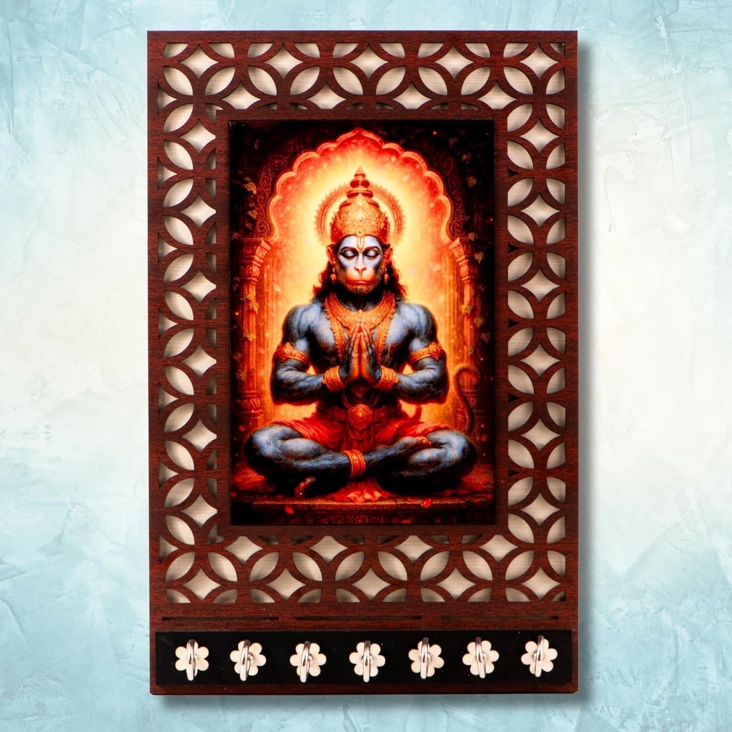 Ramkudi Jhamkudi™ Premium Wooden Lord Hanuman Key Holder for Wall – 2 Layer MDF, 7 Stainless Steel Hooks, Unique Devotional Design, Home Decor & Gifting – Made in India
