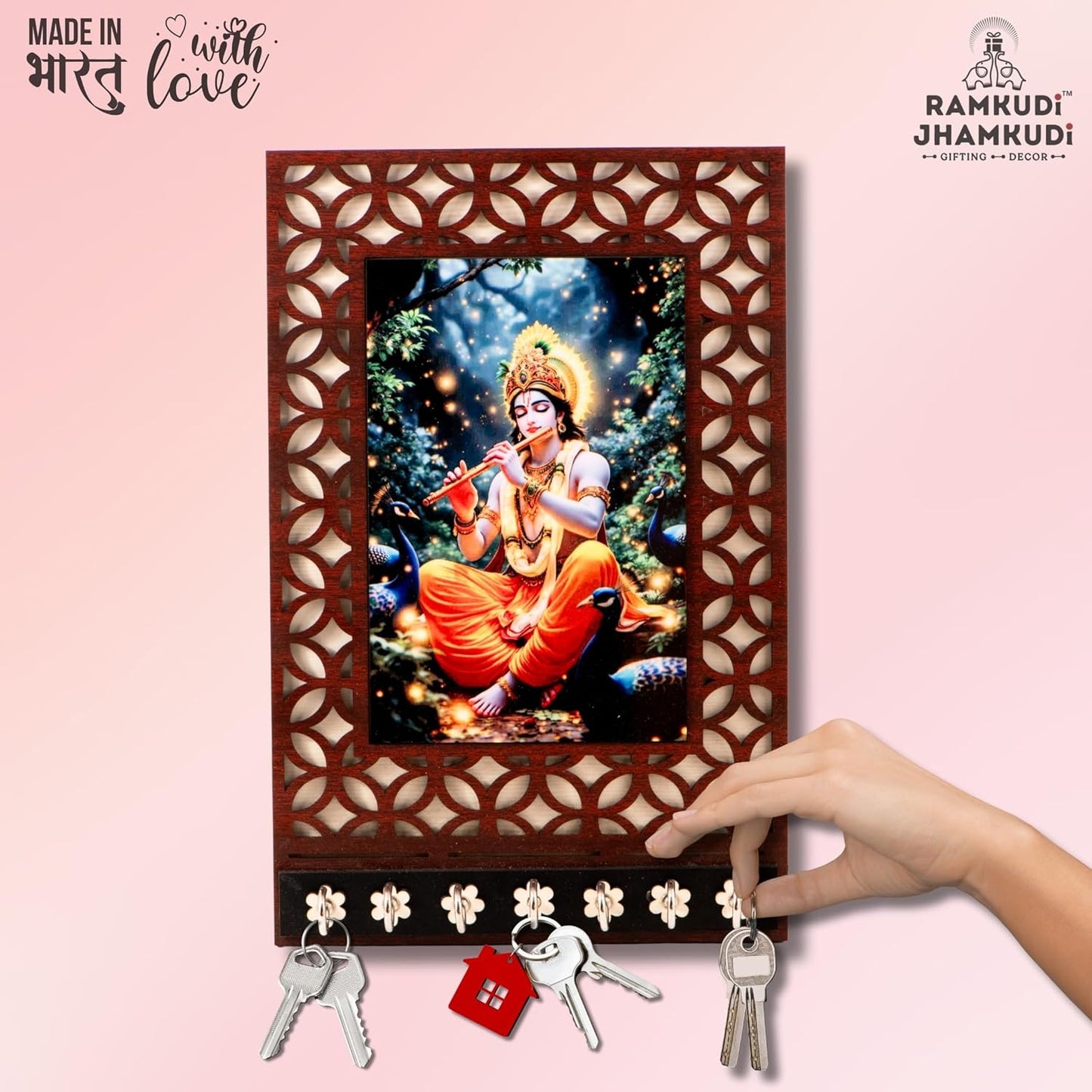 Ramkudi Jhamkudi™ Premium Wooden Krishna Playing Flute with Peacock Key Holder for Wall – 2 Layer MDF, 7 Stainless Steel Hooks, Peaceful Indian Design, Home Decor & Gifting – Made in India