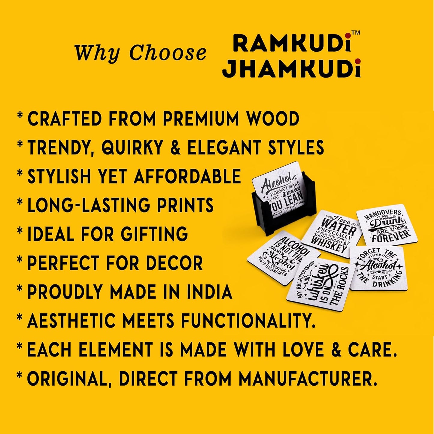 Ramkudi Jhamkudi Wooden Coasters Set of 6 with Classy Drinking Quotes – Printed Bar Coaster Set with Holder – Cocktail & Wine Lovers Gift, Eco-Friendly, Made in India