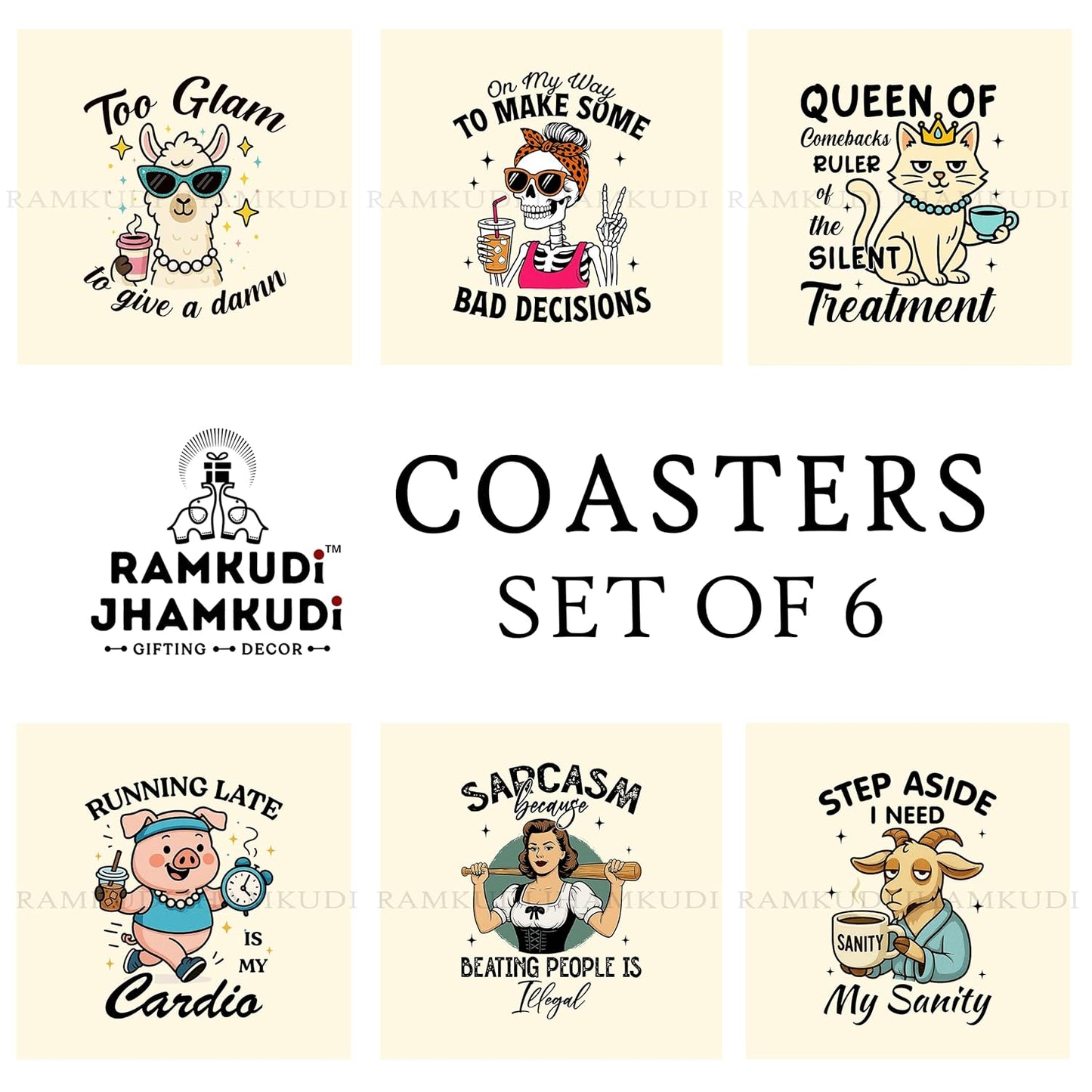 Ramkudi Jhamkudi Wooden Coasters Set of 6 with Sarcastic & Quirky Quotes – Printed Coaster Set with Holder – Funky Home & Office Decor – Eco-Friendly, Made in India, Gift-Ready