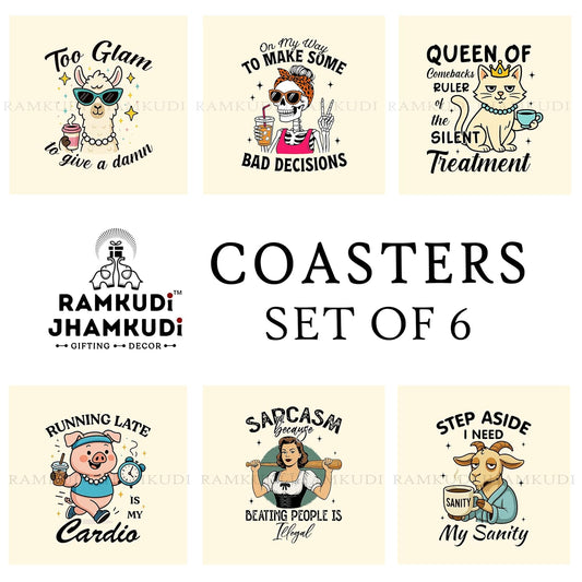 Ramkudi Jhamkudi Wooden Coasters Set of 6 with Sarcastic & Quirky Quotes – Printed Coaster Set with Holder – Funky Home & Office Decor – Eco-Friendly, Made in India, Gift-Ready