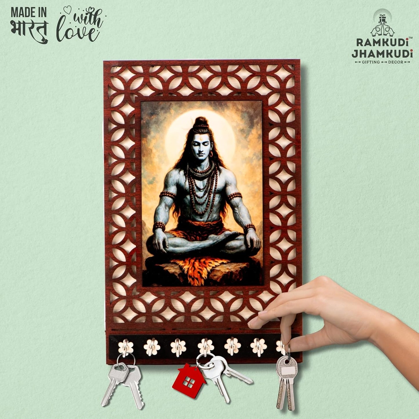 Ramkudi Jhamkudi™ Premium Wooden Meditating Lord Shiva Key Holder for Wall – 2 Layer MDF, 7 Stainless Steel Hooks, Exclusive Indian Design, Home Decor & Gifting – Made in India
