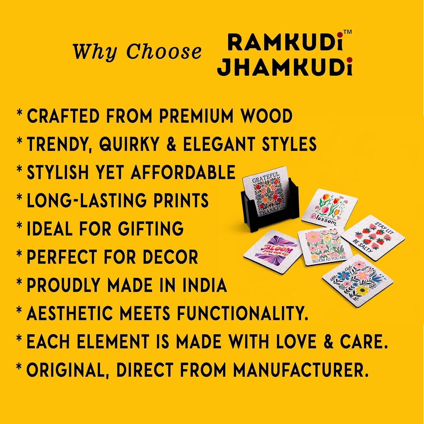 Ramkudi Jhamkudi Wooden Coasters Set of 6 – Floral Style with Positive Quotes & Coaster Holder | Eco-Friendly Aesthetic Table Decor | Great Gift for Home, Office | Made in India