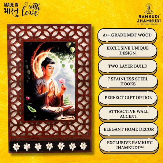 Ramkudi Jhamkudi™ Buddha Serenity Wooden Key Holder – 2 Layer Premium MDF, 7 SS Hooks – Calm & Stylish Wall Décor – Made in India