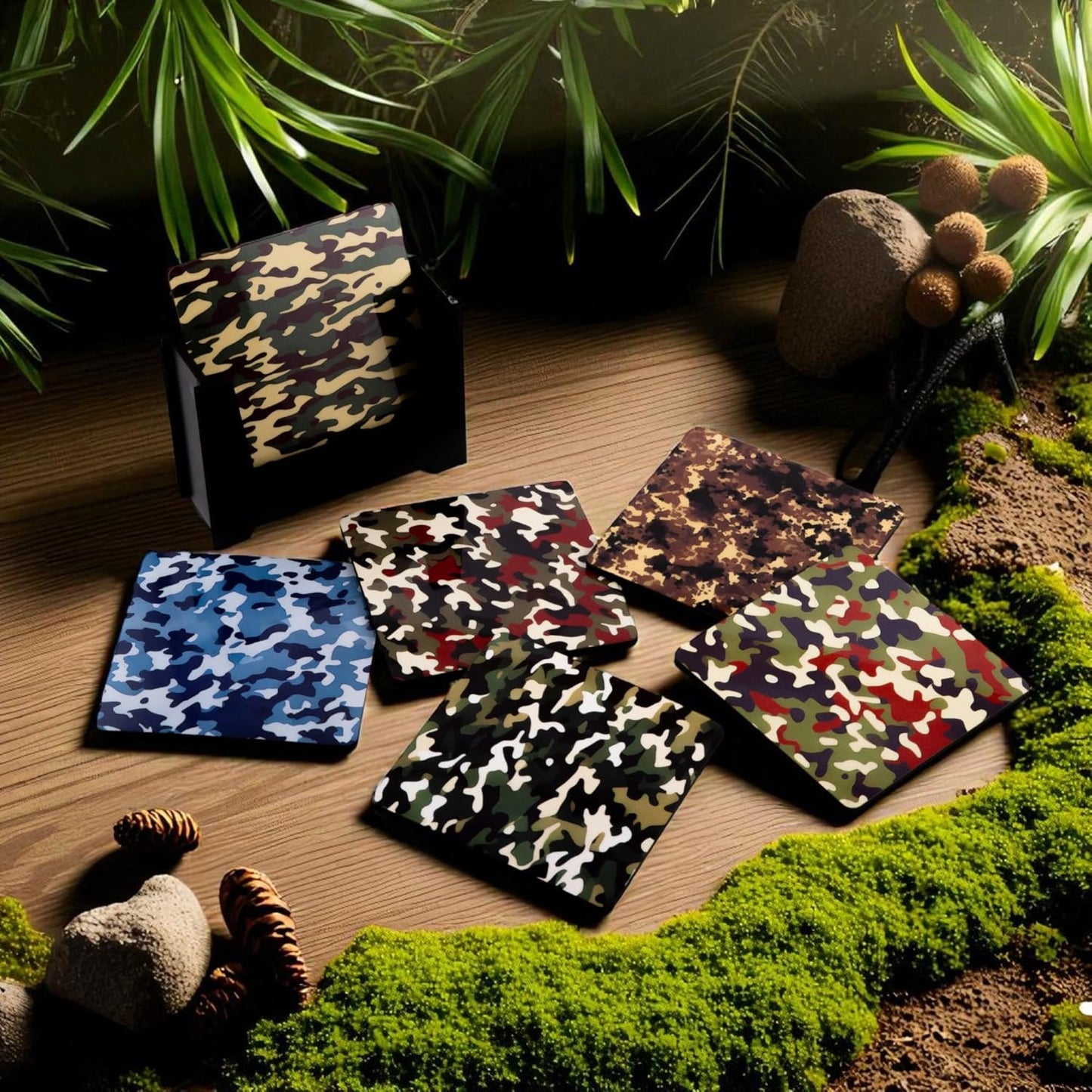 Wooden Coasters Set of 6 with Holder | Camo-Themed Coasters for Wildlife Photographers & Filmmakers | Rugged Eco-Friendly Drink Mats | Made in India | Adventure Decor Gift for Nature & Outdoor Lovers
