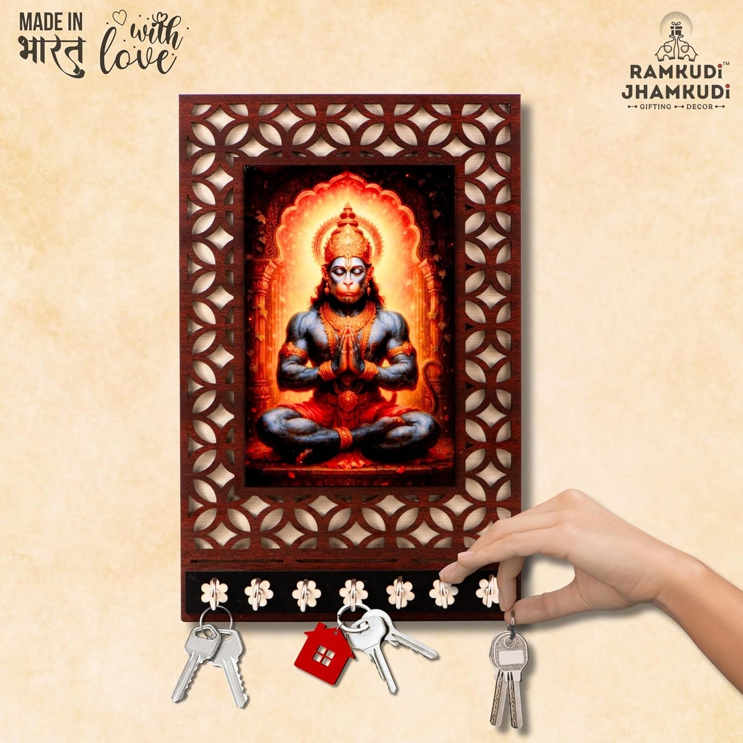 Ramkudi Jhamkudi™ Premium Wooden Lord Hanuman Key Holder for Wall – 2 Layer MDF, 7 Stainless Steel Hooks, Unique Devotional Design, Home Decor & Gifting – Made in India