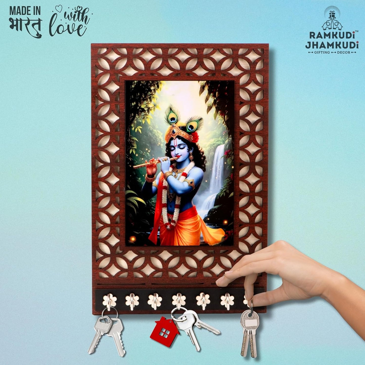 Ramkudi Jhamkudi™ Premium Wooden Krishna Playing Flute Key Holder for Wall – 2 Layer MDF, 7 Stainless Steel Hooks, Unique Indian Design, Home Decor & Gifting – Made in India
