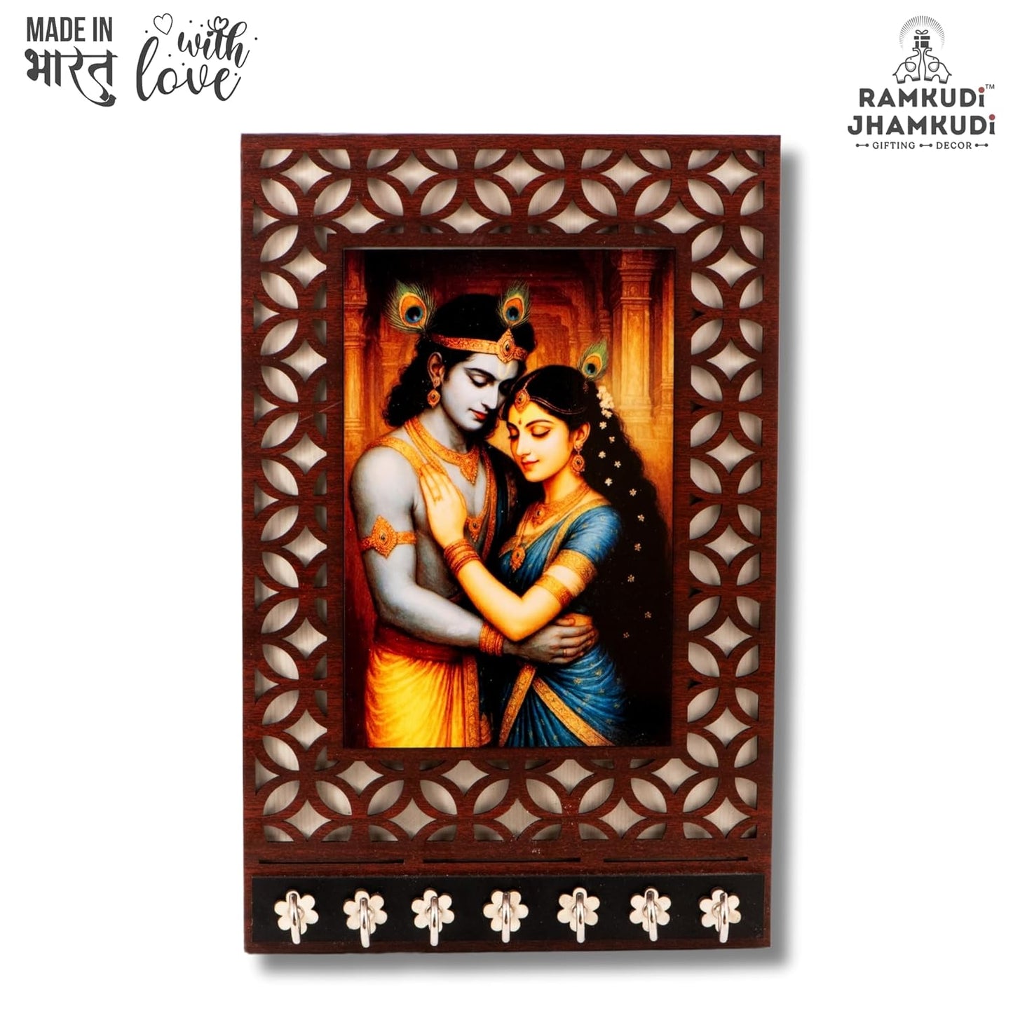 Ramkudi Jhamkudi™ Radha Krishna Wooden Key Holder – 2 Layer Premium MDF, 7 SS Hooks – Divine & Romantic Wall Décor – Made in India