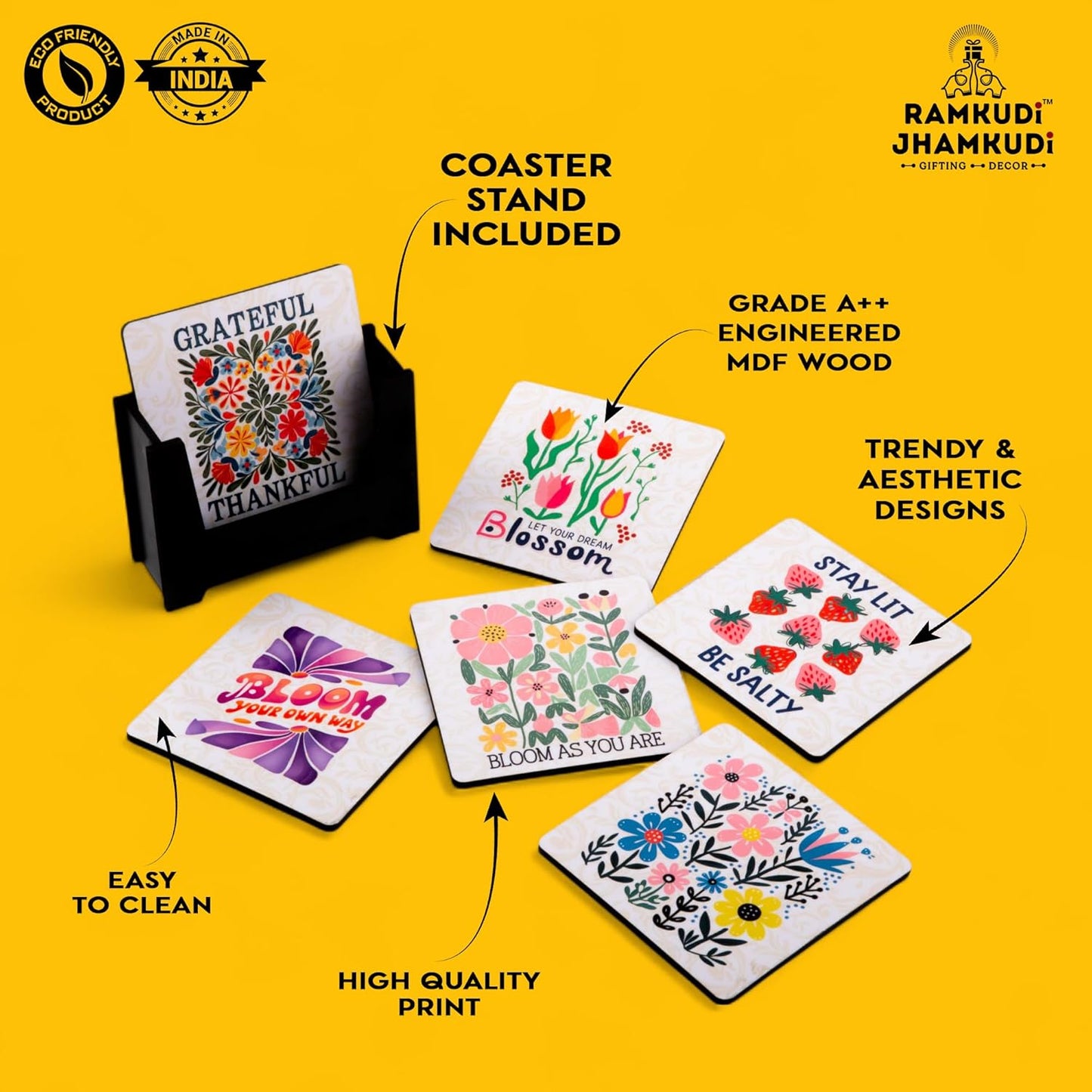 Ramkudi Jhamkudi Wooden Coasters Set of 6 – Floral Style with Positive Quotes & Coaster Holder | Eco-Friendly Aesthetic Table Decor | Great Gift for Home, Office | Made in India