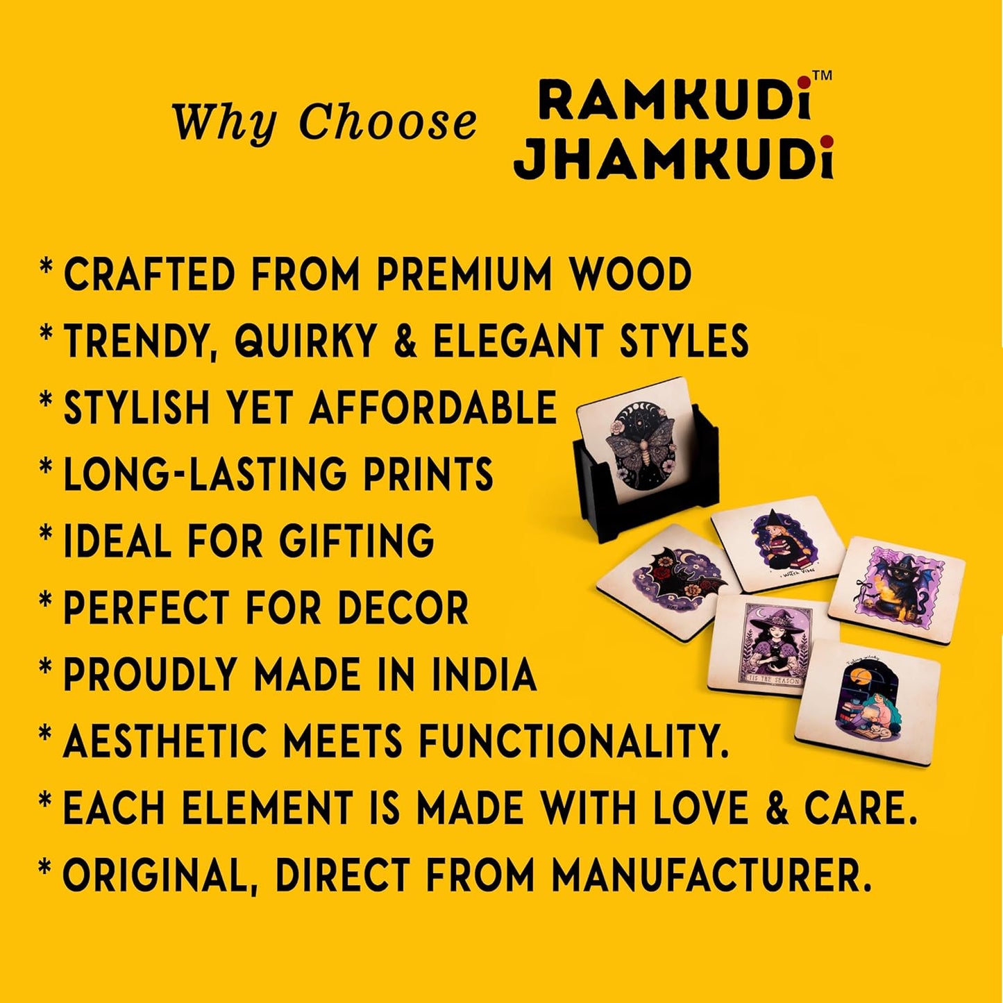 Ramkudi Jhamkudi Wooden Coasters Set of 6 with Spooky Designs – Gothic Printed Coaster Set with Holder – Halloween & Dark Aesthetic Home Decor – Eco-Friendly, Made in India