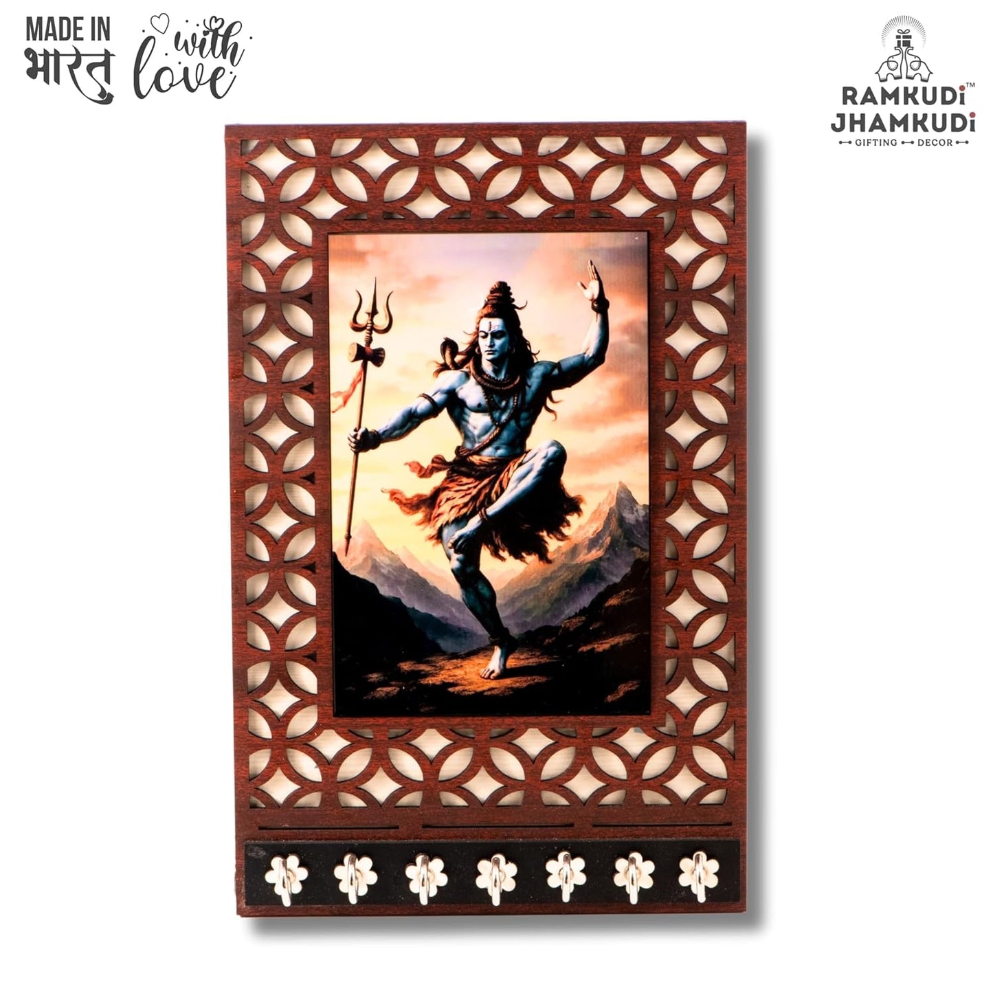 Ramkudi Jhamkudi™ Shiva Tandav Wooden Key Holder – 2 Layer Premium MDF, 7 SS Hooks – Bold & Devotional Wall Décor – Made in India