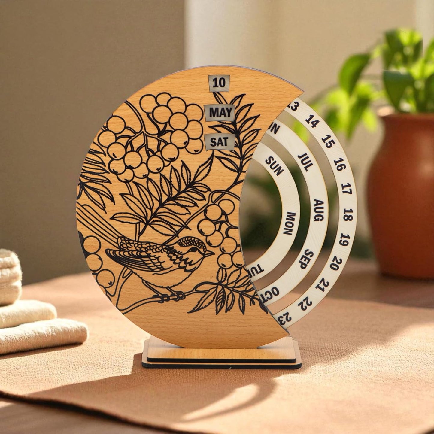 Ramkudi Jhamkudi Wooden Perpetual Calendar for Desk | Floral Print Design | Made in India | Reusable Lifetime Table Calendar for Office, Home, Study, Gifting | Minimal Aesthetic Decor Piece (STYLE B)