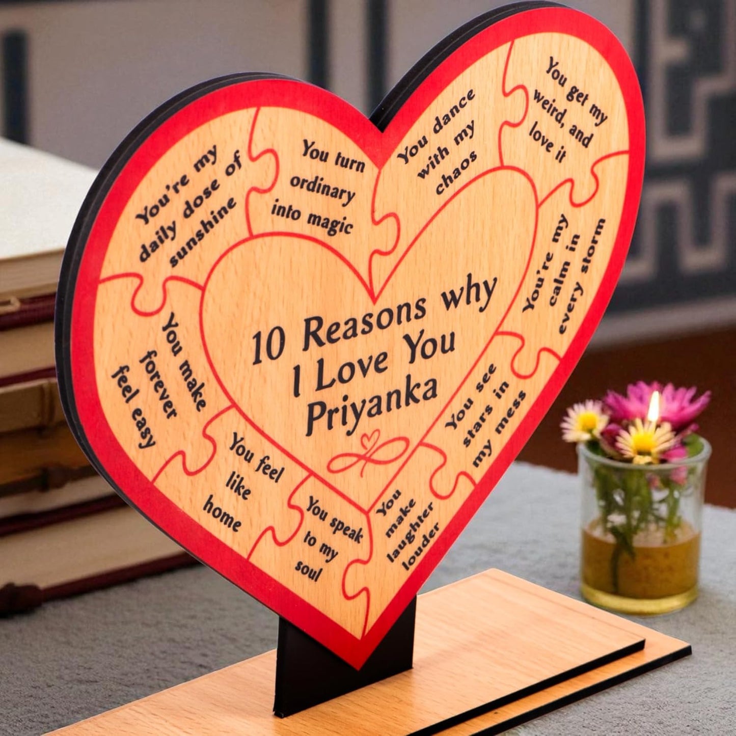 Ramkudi Jhamkudi™ 10 Reasons Why I Love You Plaque with Personalised Name | Premium MDF Wood | Romantic Gift for Anniversary, Valentine, Husband, Wife | Made in India | Table or Wall Decor (STYLE A)