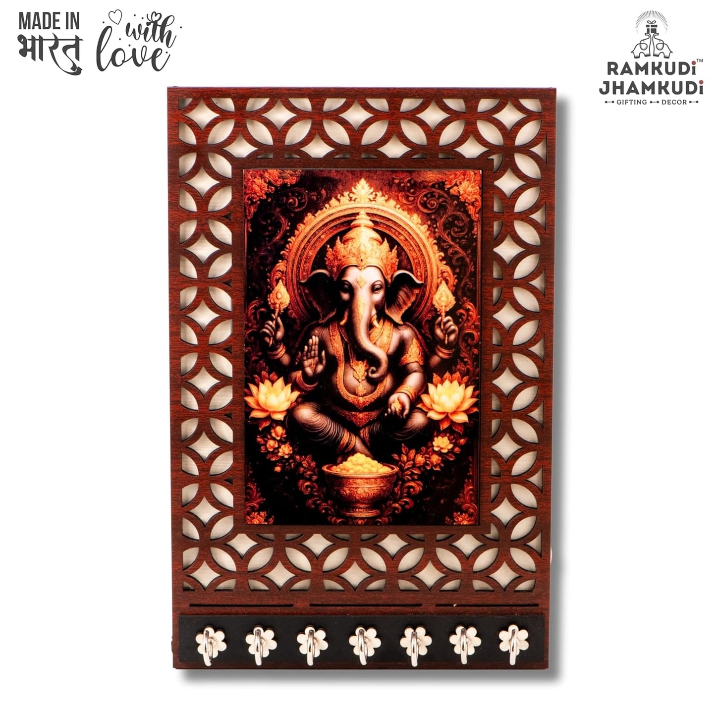 Ramkudi Jhamkudi™ Premium Wooden Lord Ganesha Key Holder for Wall – 2 Layer MDF, 7 Stainless Steel Hooks, Unique Indian Design, Home Decor & Gifting – Made in India