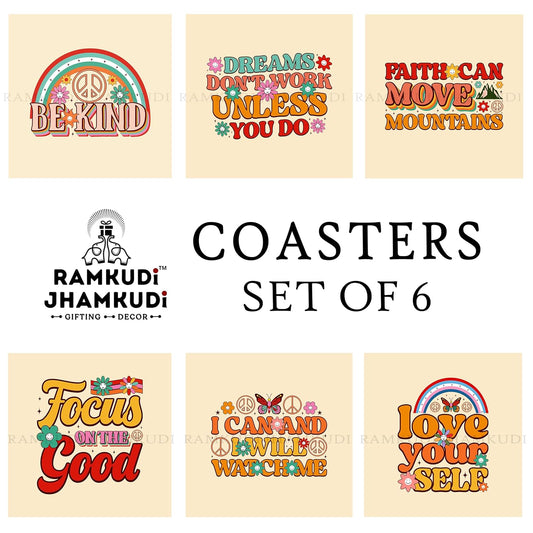 Wooden Coasters Set of 6 with Holder | Positive & Motivational Quote Coasters for Tea Coffee | Uplifting Table Mats for Home Office Desk | Made in India | Thoughtful Gift for All Occasions