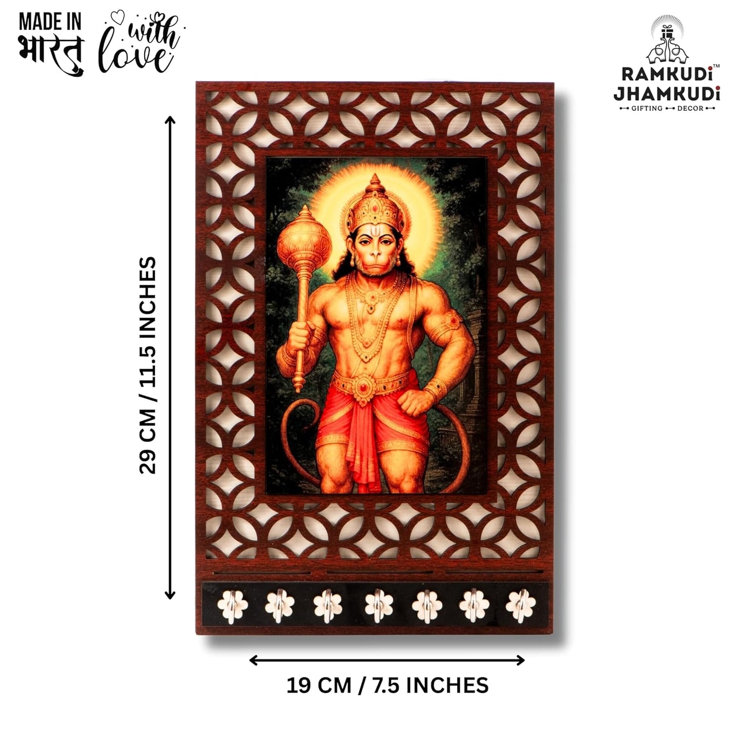 Ramkudi Jhamkudi™ Premium Wooden Lord Hanuman Key Holder for Wall – 2 Layer MDF, 7 Stainless Steel Hooks, Unique Indian Design, Home Decor & Gifting – Made in India