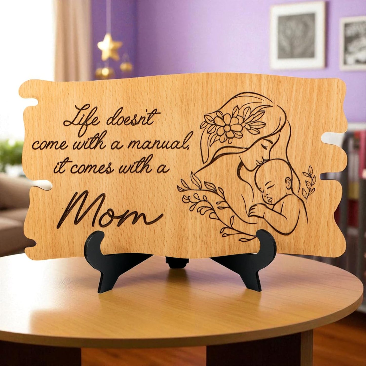 Ramkudi Jhamkudi™ Mom Quote Wooden Plaque with Stand – Premium MDF, Laser Engraved Cute Design, Trendy Mom Gift, Made in India