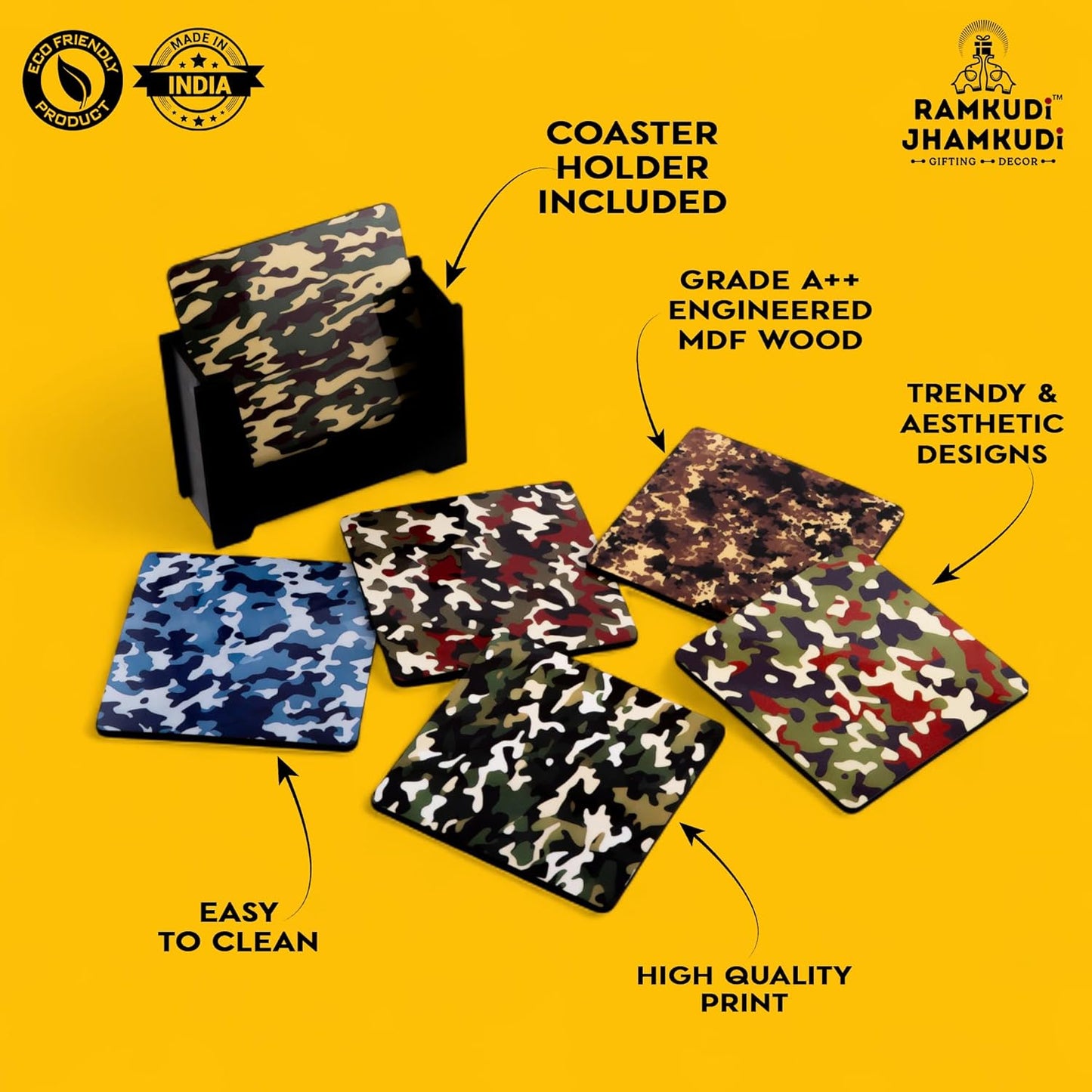 Wooden Coasters Set of 6 with Holder | Camo-Themed Coasters for Wildlife Photographers & Filmmakers | Rugged Eco-Friendly Drink Mats | Made in India | Adventure Decor Gift for Nature & Outdoor Lovers