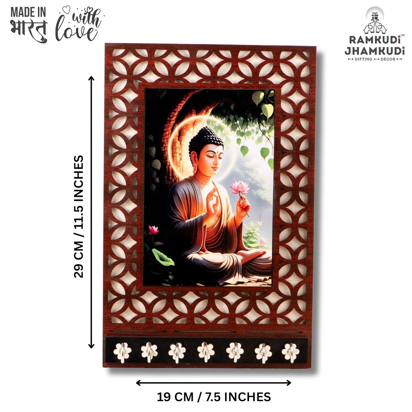 Ramkudi Jhamkudi™ Buddha Serenity Wooden Key Holder – 2 Layer Premium MDF, 7 SS Hooks – Calm & Stylish Wall Décor – Made in India