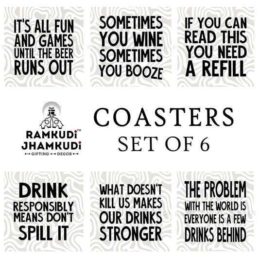 Ramkudi Jhamkudi Wooden Coasters Set of 6 with Drinking Quotes – Printed Bar Coaster Set with Holder – Party & Bar Decor, Eco-Friendly, Made in India – Great for Gifting