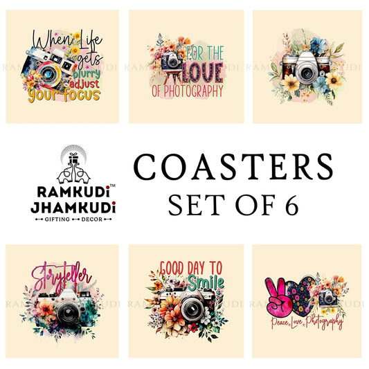 Wooden Coasters Set of 6 with Holder | Colorful Camera-Themed Coasters for Tea Coffee | Vibrant Table Mats for Photographers, Studios & Work Desks | Eco-Friendly | Made in India | Gift for Creatives
