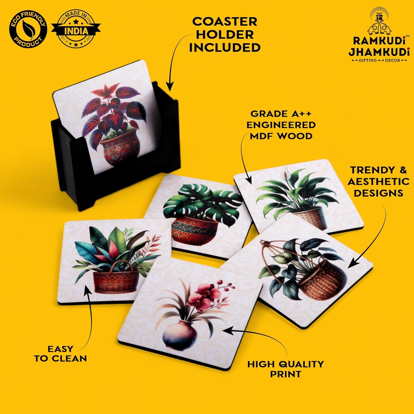 Ramkudi Jhamkudi Wooden Coasters Set of 6 with Holder | Botanical Plant Design Coasters for Tea Coffee Drinks | Eco-Friendly Table Mats | Home Office Décor | Made in India Gift Set