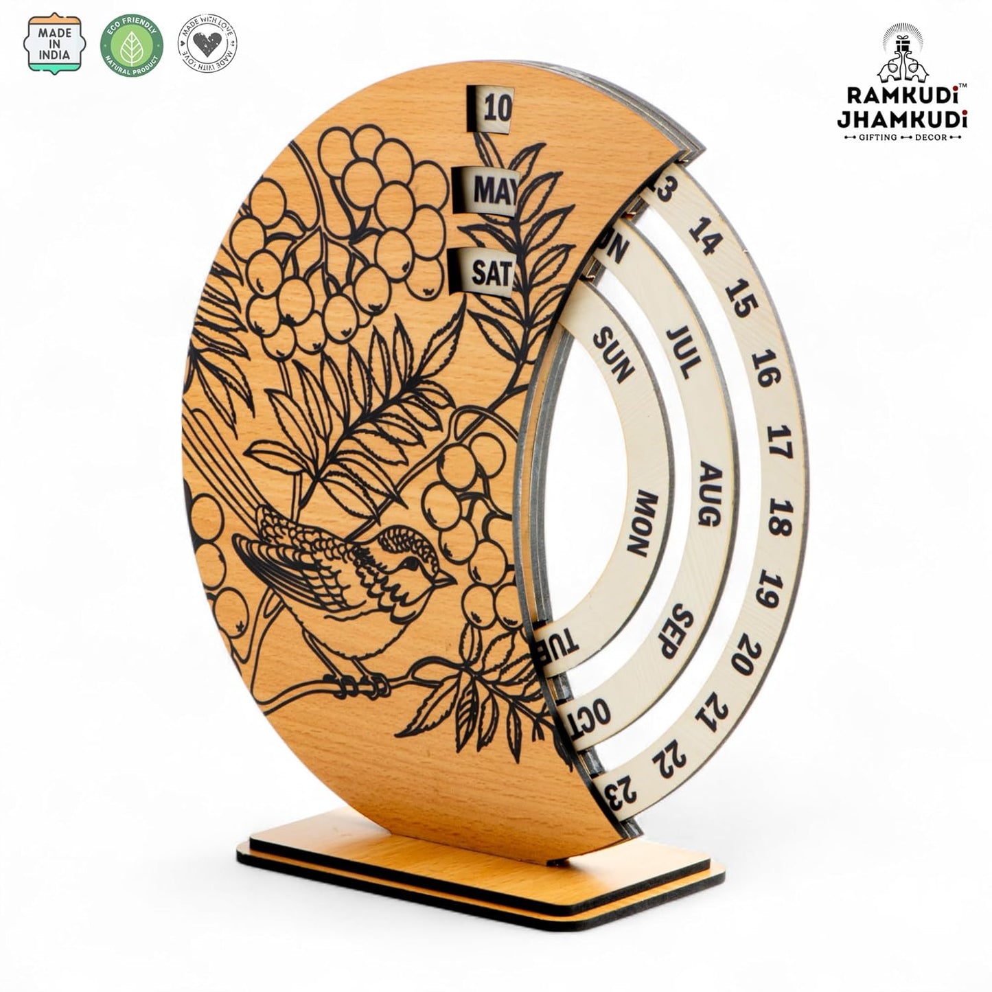 Ramkudi Jhamkudi Wooden Perpetual Calendar for Desk | Floral Print Design | Made in India | Reusable Lifetime Table Calendar for Office, Home, Study, Gifting | Minimal Aesthetic Decor Piece (STYLE B)